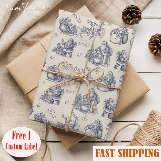 Discover Vintage Santa Toile Wrapping Paper, Christmas Gift Wrap Roll, 6 7 Wrapping Paper,Gift Wrapping Paper with Blue Santa, Luxury Christmas Paper