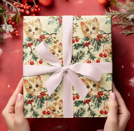 Discover Vintage Cat Christmas Wrapping Papers, Holiday Cat Gift Wrap, Kitten Wrapping Paper, Cute Kitten Vintage Xmas Gift Wrap, Cat Lover Gifts