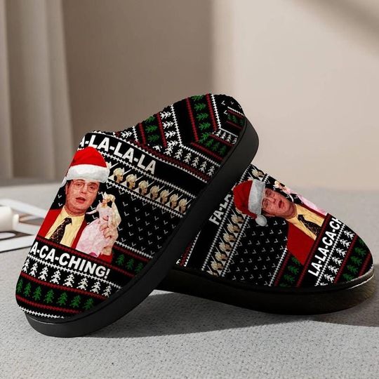 Discover Dw Schrute Santa Cozy Slippers, FA La La La La La La-Ca-Ching Christmas Slippers, The Office TV Show, Funny Christmas Gift 02