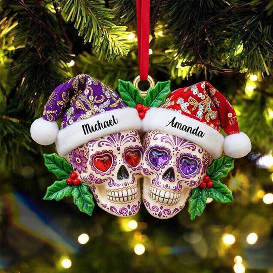 Personalized Dia de Los Muertos Skull Couple Christmas Acrylic Ornament
