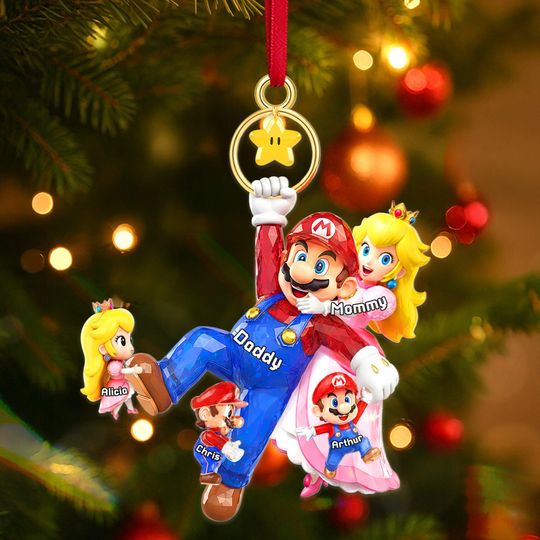 Discover Personalized Mario Family Ornament - Custom Christmas Gift for Gamer Parents and Kids