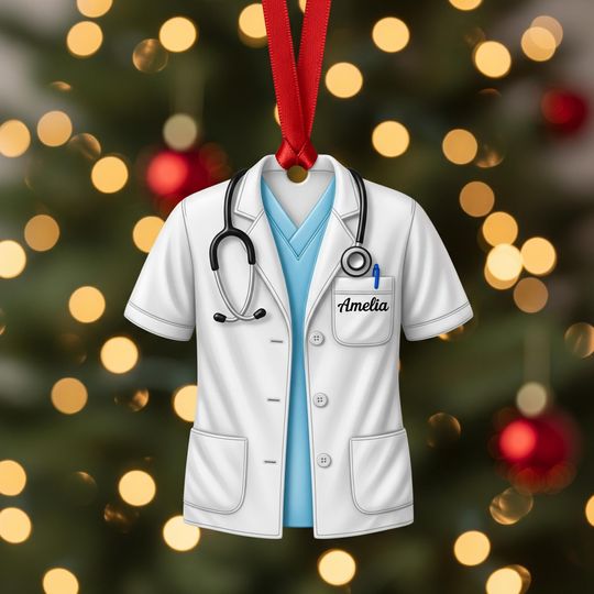 Personalized Doctor White Coat Ornament, Custom Christmas 2025 Gift for Physician, Medical Graduation Keepsake, Stethoscope & Scrubs Decor