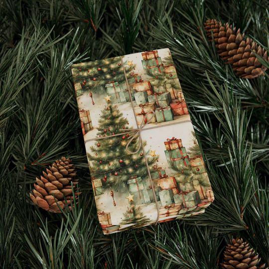 Discover Vintage Christmas Tree Wrapping Paper, Watercolor Holiday Gift Wrap, Glossy/Matte Roll, Christmas Presents Packaging, Retro Holiday Paper