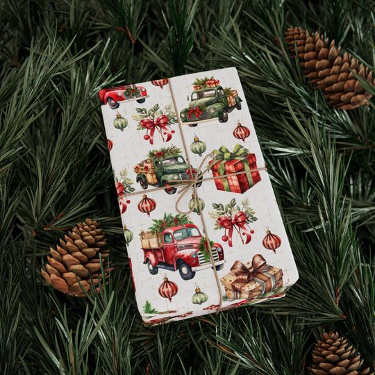 Discover Vintage Christmas Truck Wrapping Paper, Farm Truck Gift Wrap, Rustic Wrapping Paper, Vintage Holiday Paper, Country Christmas Dcor