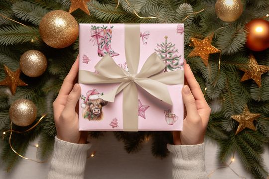 Pink Highland Cow Christmas Wrapping Paper, Cute Farmhouse Holiday Wrap with Stars, Stockings & Trees, Rustic Xmas Gift Wrap, Trend 2025