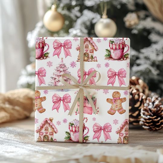 Discover Coquette Christmas Wrapping Paper Roll, Bow Gingerbread Pink Christmas Gift Wrap Roll, Holiday Gift Wrap, Luxury Christmas Wrapping Paper