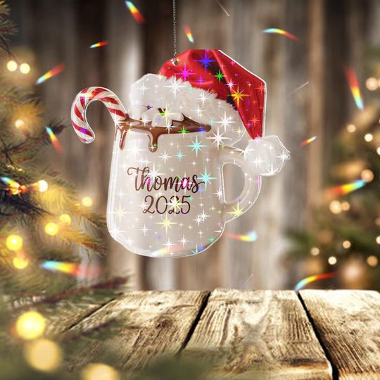 Holographic Custom Hot Cocoa Mug Ornament, Personalized Name Christmas Ornament 2025, Cozy Winter Drink Holiday Decoration Gift