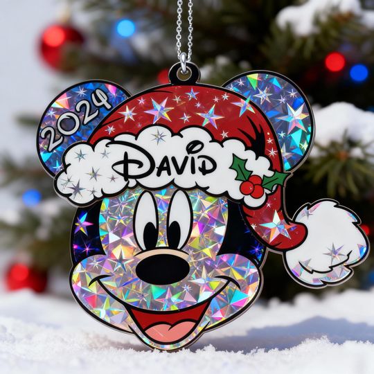 Discover Holographic Personalized Mickey Mouse Christmas Ornament, Custom Disney Name Ornament, Magical Holiday Keepsake, Cute Disney Lover Xmas Gift