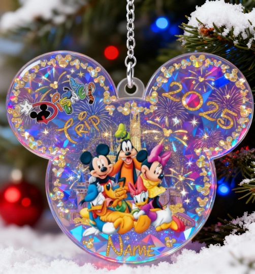Discover Holographic Personalized Photo Disney Family Trip 2025 Ornament, Custom Disneyworld Vacation Keepsake, Family Photo Christmas Tree Gift