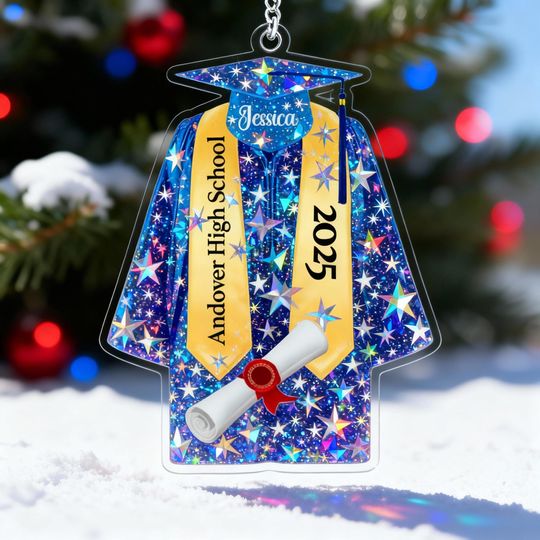 Holographic Personalized Graduation Gown Ornament, Custom School Name & Class of [Year] Keepsake, Senior 2024 Gift, Graduation Christmas