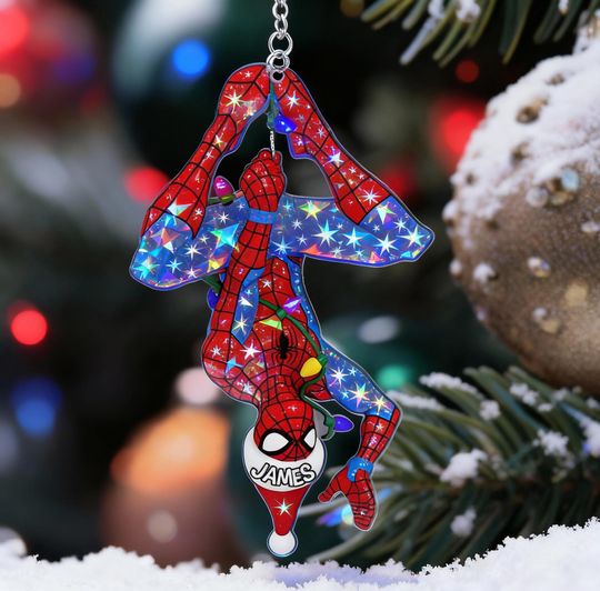 Holographic Personalized Spiderman Christmas Ornament, Custom Kid Spidey Ornament, Birthday Boy Gift, Superhero 2025 Decoration Keepsake