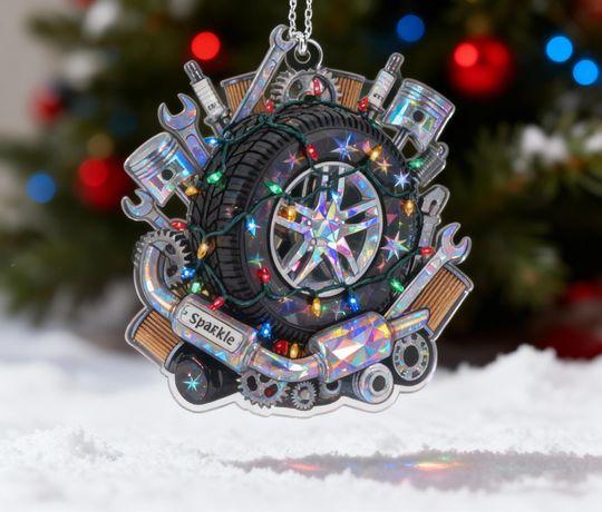 Discover Holographic Personalized Mechanic Christmas Ornament, Custom Name Auto Repair Gift with Tire & Tools,Car Enthusiast Xmas Decoration Keepsake