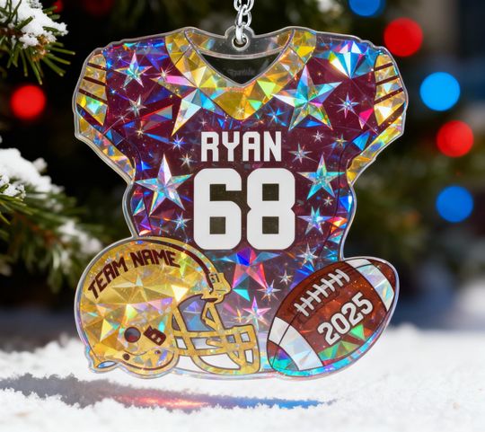 Discover Holographic Personalized American Football Uniform Ornament, Custom Player Jersey Christmas Decor, Shiny football Team Gift, Sports Fan Keepsake
