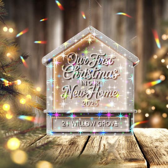 Discover Holographic First Christmas New Home Ornament, Personalized Custom Address, In Our New Home 2025, Family Tree Keepsake