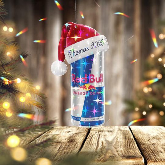 Discover Holographic Custom Red Bull Classic Ornament, Personalized Name Christmas Ornament 2025, Energy Drink Lover Holiday Tree Decoration Gift