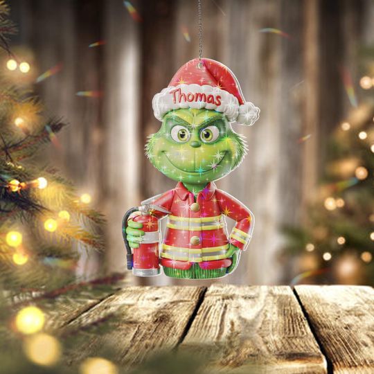 Discover Holographic Custom Name funny character Firefighter Ornament, Funny Christmas Decor, Personalized funny character Holiday Gift for Firefighter Fans