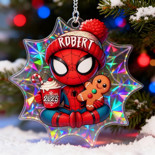 Holographic Personalized Superhero Ornament, Custom Spidey Christmas Ornament for Kids, Cute Spiderman Gift, Custom Superhero Xmas Keepsake