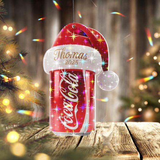 Discover Holographic Custom Name Soda Coca Ornament, Personalized Name Christmas Ornament 2025, Funny Drink Lover Holiday Tree Decoration Gift