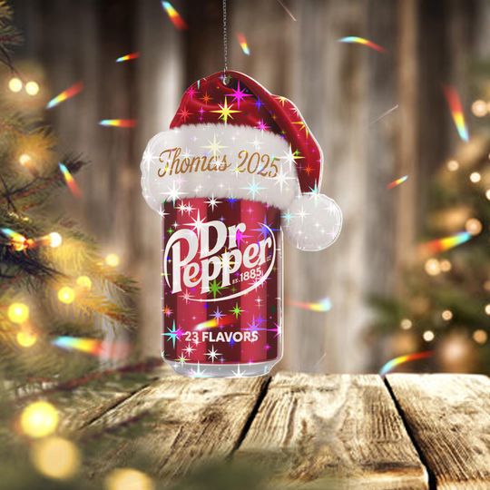 Holographic Custom Dr Pepper Ornament, Personalized Name Christmas Ornament 2025, Soda Lover Holiday Decoration Gift