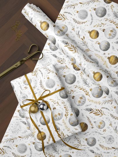 Discover Elegant Christmas Ornament Wrapping Paper Roll Silver and Gold Luxury Holiday Gift Wrap Roll Festive Christmas Wrapping Elegant Gift Paper