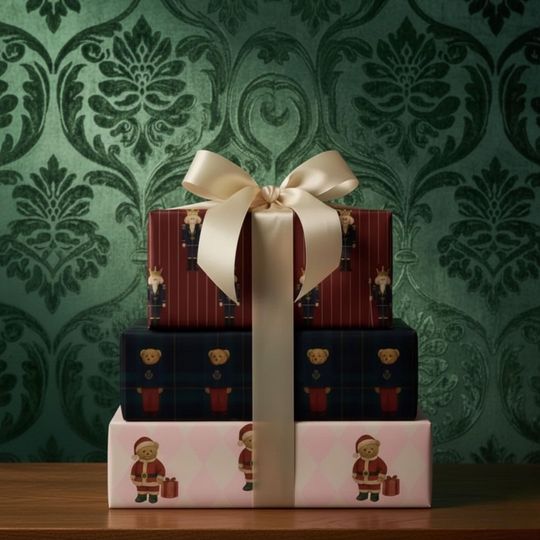 Discover Santa Bear Pink Tartan Christmas Wrapping Paper Roll