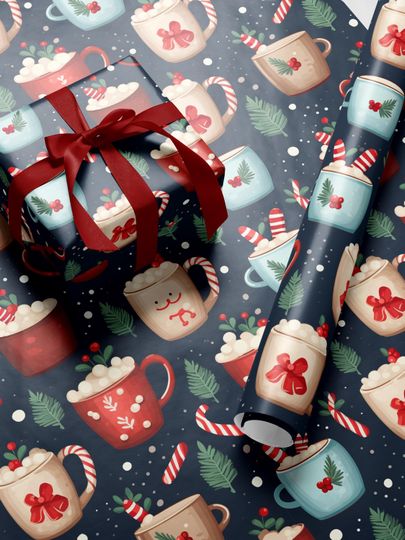 Discover Christmas Wrapping Paper Roll Hot Chocolate Mug Theme Luxury Holiday Gift Wrap Roll Navy Snowflake Background Festive Cozy Christmas Paper