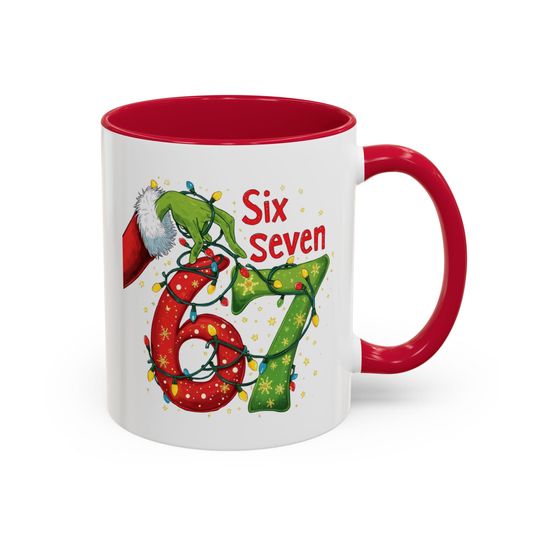 Discover Six Seven 67 Christmas Number Mug | Holiday Santa Hat Lights Design