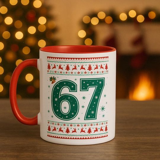 Discover Six Seven Meme Christmas Mug, 67 Xmas Mug Gift For Teen, Funny Teen Gift, Grandkid Gift, Gen Alpha Humor, 67 Meme 11 oz Mug