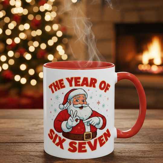 Discover Funny Six Seven Meme Christmas mug, Viral Santa Saying 6 7 mug, Trending 67 mug, Internet Joke 6 7 mug