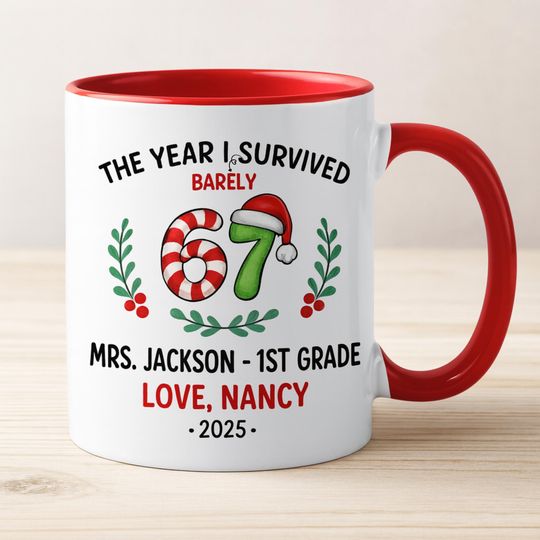 Discover Custom Teacher Six Seven Meme Christmas Mug, Teacher Six Seven Christmas Mug, Funny Teacher Christmas Gift, 67 Meme Mug