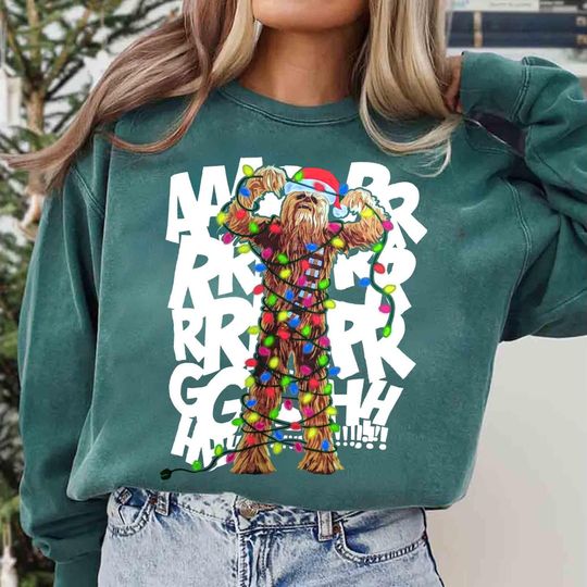 Retro Chewbacca Roar Christmas Lights Sweatshirt, Funny Star Wars Chewie Darth Vader Xmas Tee