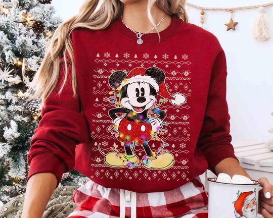 Discover Santa Mickey Mouse Christmas Light Ugly Sweatshirt, Mickey's Very Merry Xmas Matching Tee, Disneyland Vacation Family Holiday 2025 Gift