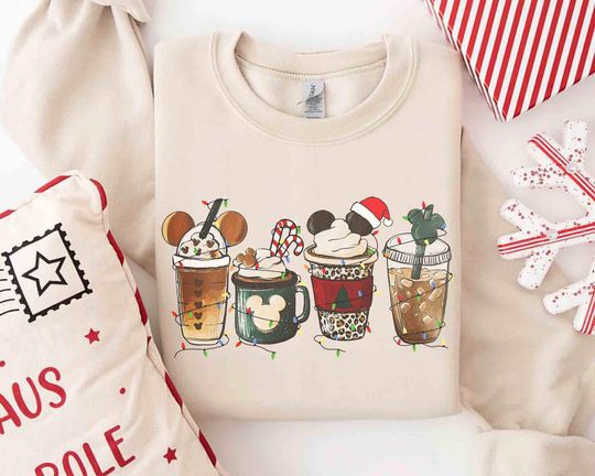 Discover Cute Mickey Minnie Christmas Light Coffee Tea Sweatshirt, Disney Latte Drink Cup Epcot Xmas T-shirt, Disneyland Vacation Family Trip Gift