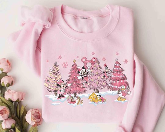 Discover Disney Mickey & Friends Christmas Pink Tree Shirt, Pink Christmas Tree Sweatshirt