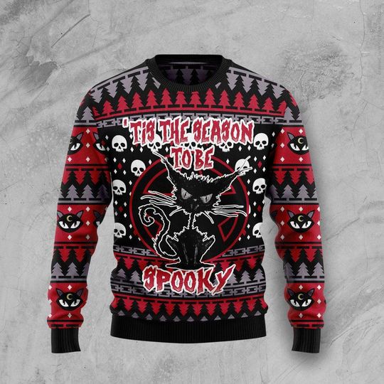 Black Cat Spooky Halloween Ugly Christmas Sweater, black Cat Holiday Christmas Sweatshirt, Ugly Xmas Jumper, Holiday Gift for Men, Woman