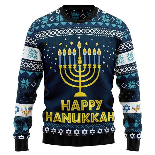 Happy Hanukkah Ugly Christmas Sweater, Jewish Holiday Ugly Christmas Sweatshirt, Ugly Xmas Jumper, Holiday Gift for Men, Woman