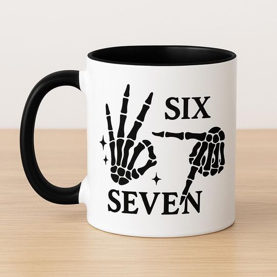 Discover Six Seven Skeleton Hand Christmas Mug,Gift For Teen, Funny Teen Girl Gift, Grandkid Gift, Gen Alpha Humor, 67 Meme 11 oz Mug