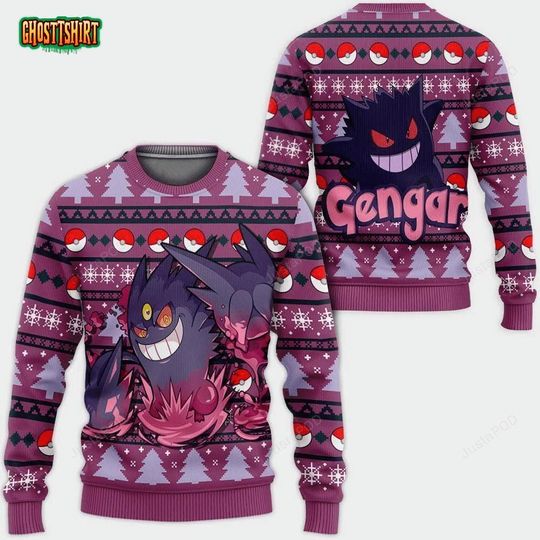 Love Gengar PKM Christmas Sweater, Gengar poket mons Ugly Christmas Sweater, Gengar Ugly Xmas Jumper, Holiday Gift for poket mons Fans