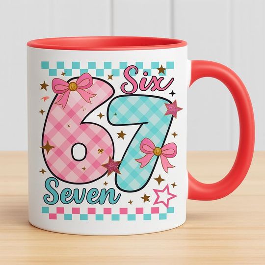 Discover Six Seven Coquette Pink Bow Mug,Gift For Teen, Funny Teen Girl Gift, Grandkid Gift, Gen Alpha Humor, 67 Meme 11 oz Mug