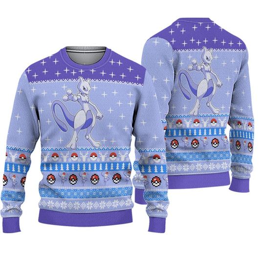Love Mewtwo PKM Christmas Sweater, Mewtwo poket mons Ugly Christmas Sweater, Ugly Xmas Jumper, Holiday Gift for poket mons Fans