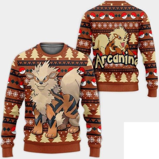 Arcanine Christmas Sweater, Funny Gamer Ugly Xmas Jumper, Anime Holiday Gift for poket mons Lovers, Gift for poket mons Fan