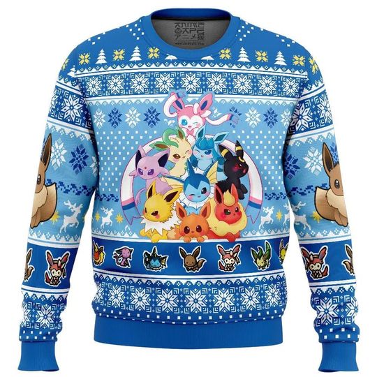 Love PKM Eeveelution Christmas Sweater, Pika Ugly Christmas Sweater, Pika Ugly Xmas Jumper, Holiday Gift for poket mons Fans