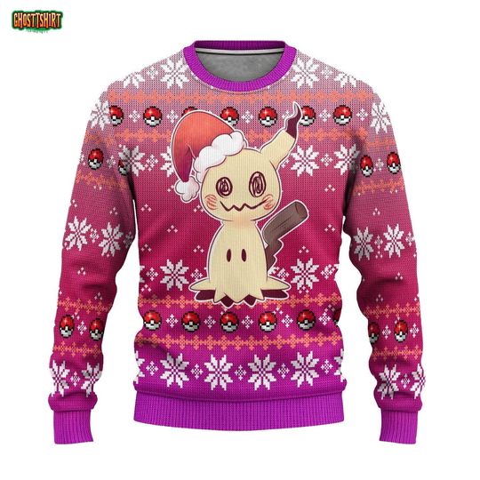 Discover Cute Mimikyu Christmas Sweater, Funny Ugly Xmas Jumper,Anime Gamer Holiday Gift, Santa Hat poket mons Fan Sweater Holiday Gift for poket mons Fans