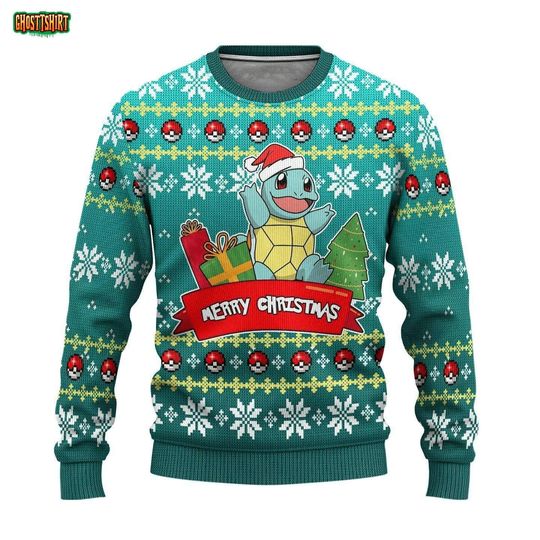 Love Squirtle PKM Christmas Sweater, Squirtle poket mons Ugly Christmas Sweater, Squirtle Ugly Xmas Jumper, Holiday Gift for poket mons Fans