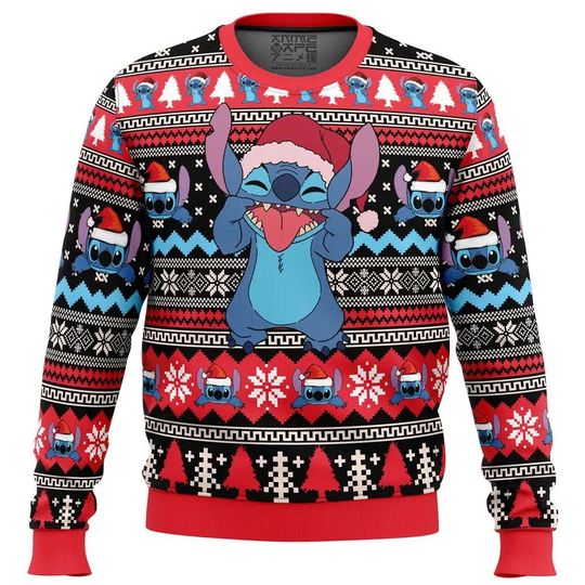 Discover Stitch Disney Christmas Sweater, Cute Blue Alien Christmas Sweater, Ugly Holiday Jumper, Candy Cane Winter Sweatshirt, Gift for Cartoon Fans