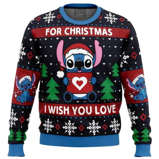 Discover Stitch Disney Christmas Sweater, Cute Blue Alien Christmas Sweater, Ugly Holiday Jumper, Candy Cane Winter Sweatshirt, Gift for Cartoon Fans