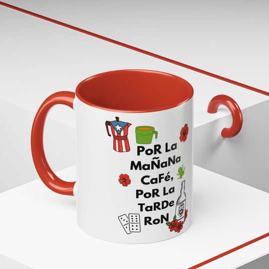 Inspired Mug with Caribbean Coffee & Rum Vibes, Por La Mañana Caf, Por La Tarde Ron, Concha Frog, Dominoes and Flag