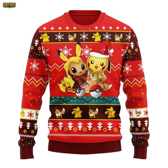Pika eevee PKM Christmas Sweater, Pika poket mons Ugly Christmas Sweater, Pika Ugly Xmas Jumper, Holiday Gift for poket mons Fans
