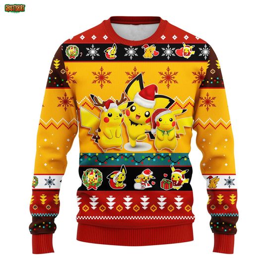 Pika PKM Christmas Sweater, Pika poket mons Ugly Christmas Sweater, Pika Ugly Xmas Jumper, Holiday Gift for poket mons Fans