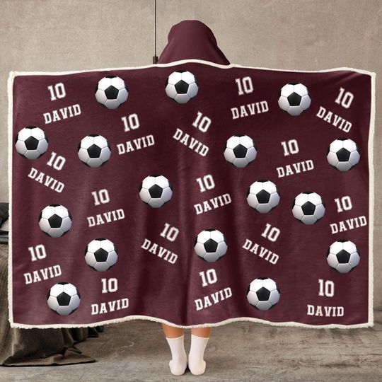 Discover Soccer Christmas Wearable Hooded Blanket Personalized Name Cozy Fleece Hoodie Throw for Kids, Teens, and Family